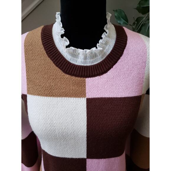 Women's Anthropologie Pink/Brown Checkered Pullover Sweater XL New - Picture 3 of 12